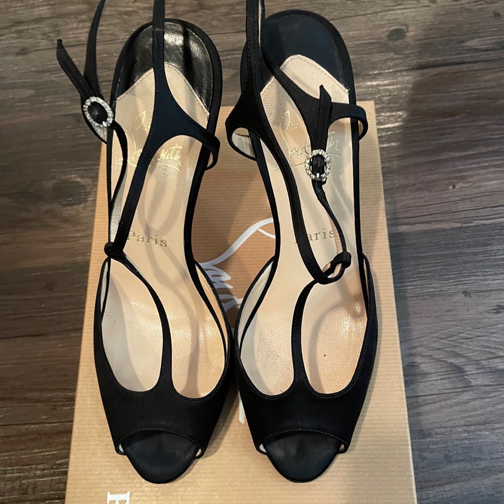 Christian Louboutin Black Satin Slingback Peep-Toe Heels